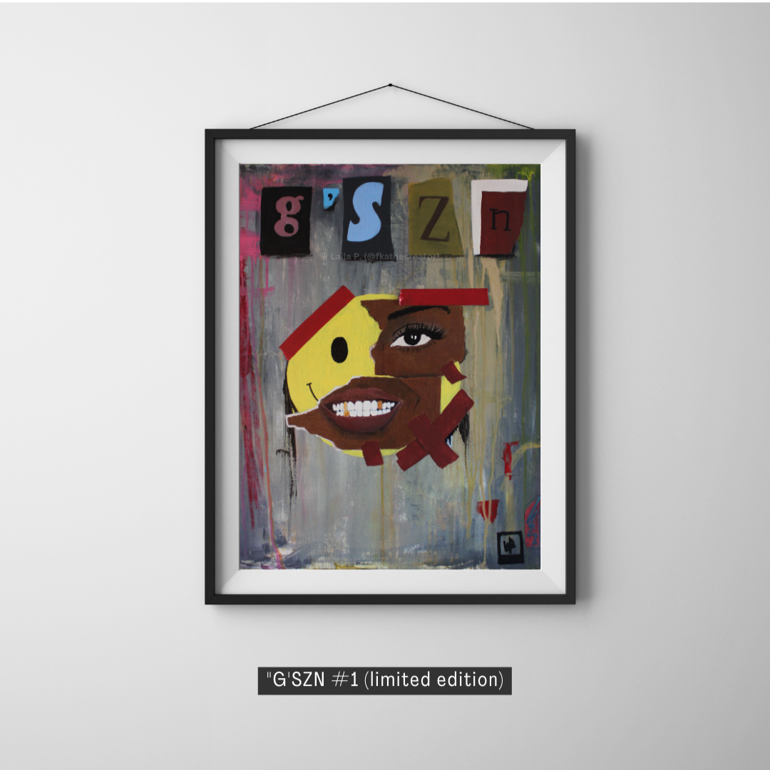 abstract realism styled street art, multi medium art, maximalist art print, grey and green background painting that says, "G'SZN" at the bottom of the painting, a yellow smiley face with red tape as if tape holding smiley face up, realism styled face features; an eye and a mouth, that is supposed to be part of the smile face