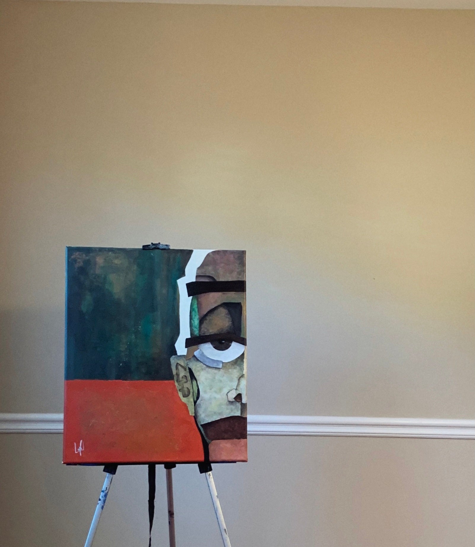 Abstract Original Painting titled "Closer" Image is of half of an abstract face in the right side of the canvas colors; orange,green, yellow, browns, and greens 