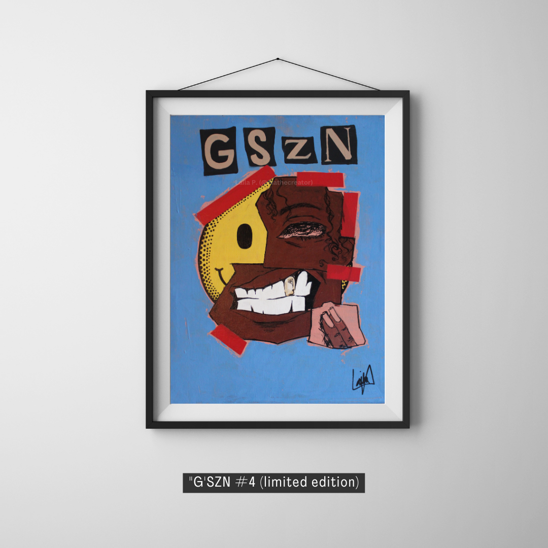blue abstract street art, multi medium art, maximalist art prints, blue painting that says, "G'SZN" at the top of of the painting