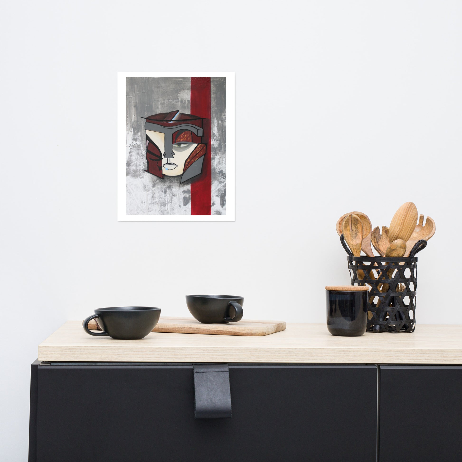 Art Print titled: "New Beginnings" size 11x14 inch. Poster print on a gray wall above a white chair. To the left of the chair (right side of photo) is a dark green tall plant.